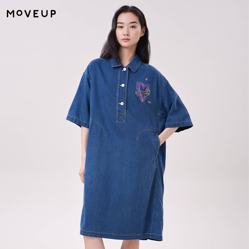 Embroidery Cat - MOVEUP Lyocell Denim Dress Polo Collar
