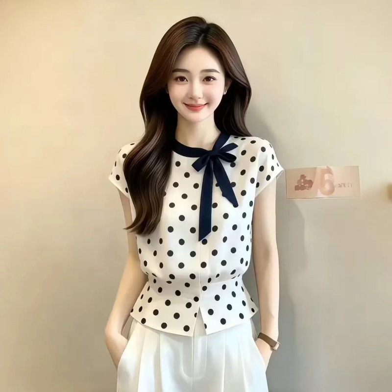 Embroidery Cap - Women Polka Dot Bow Tie Neck