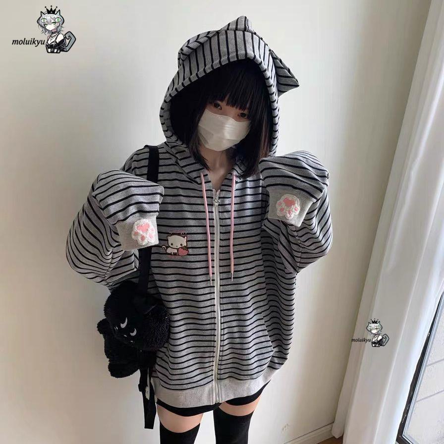 Embroidery Cat - Y2K Women Striped Zip Up Jacket