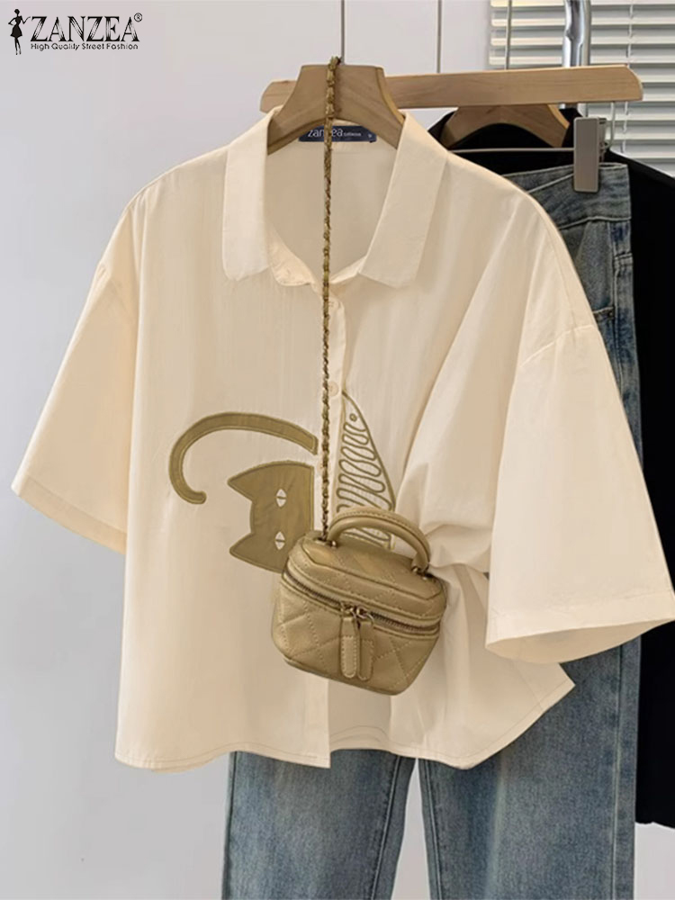 Embroidery Cat - ZANZEA Women's Casual Collared Shirts Summer