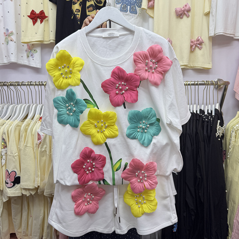 Embroidery Cotton Shirt - Summer Colorful 3D Flowers T-shirt Pearls