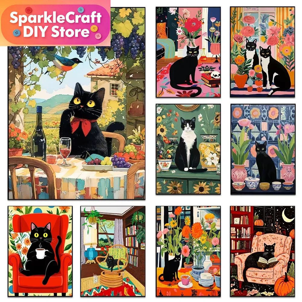 1pc frameless Cartoon Black Ca - Embroidery Cat ulasan dan harga