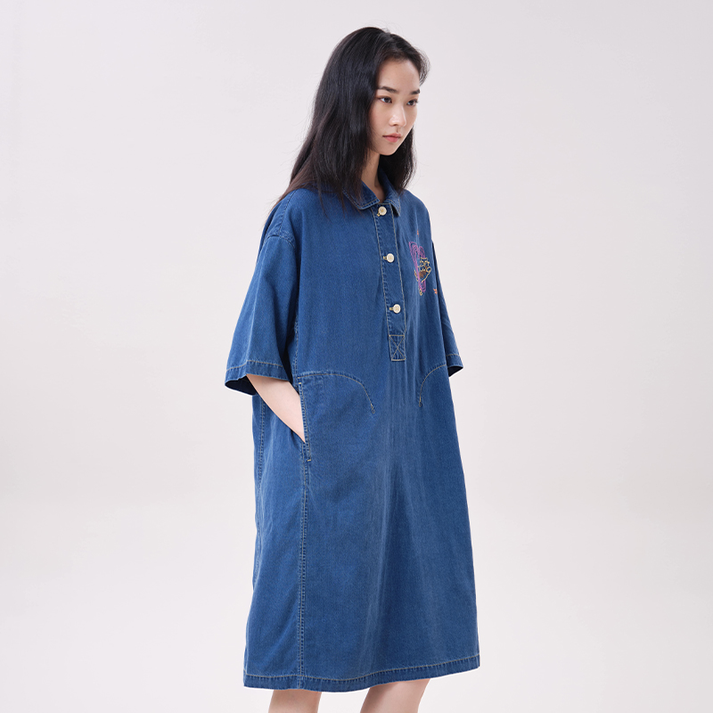 MOVEUP Lyocell Denim Dress Pol - Embroidery Cat ulasan dan harga
