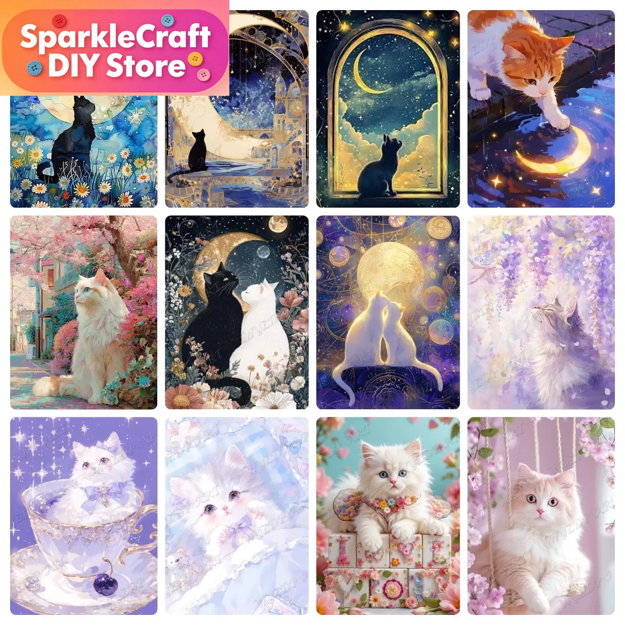 Animal Cat Moon Diamond Painti - Embroidery Cat ulasan dan harga