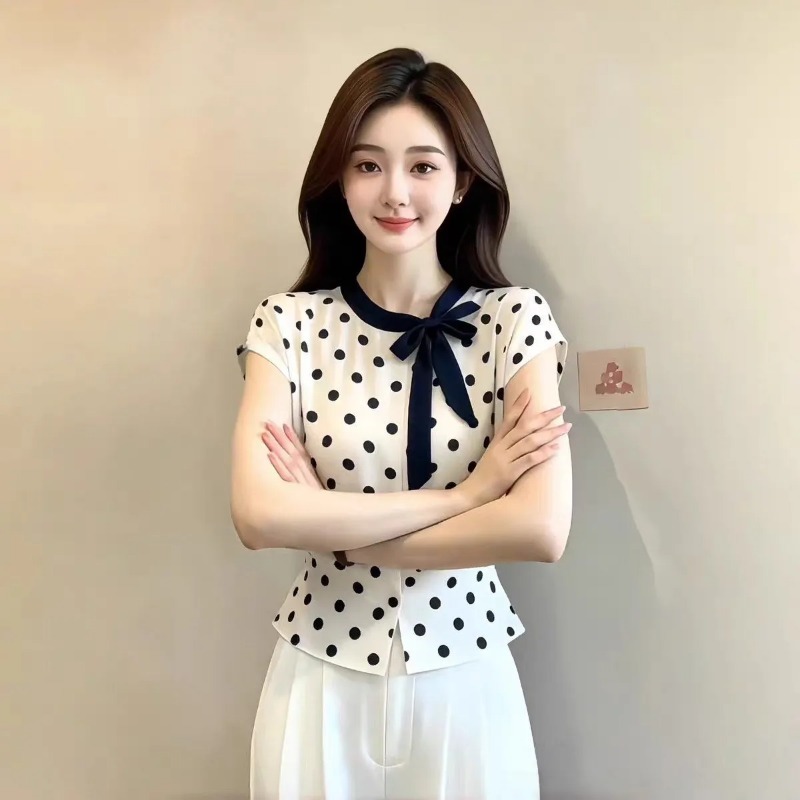 Women Polka Dot Bow Tie Neck C - Embroidery Cap ulasan dan harga