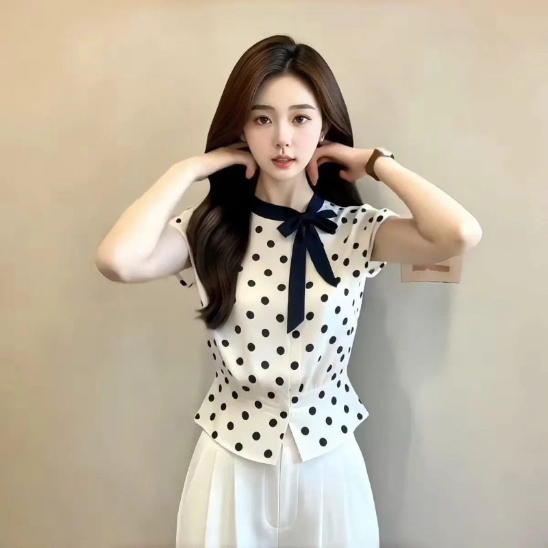 Women Polka Dot Bow Tie Neck C - Embroidery Cap ulasan dan harga