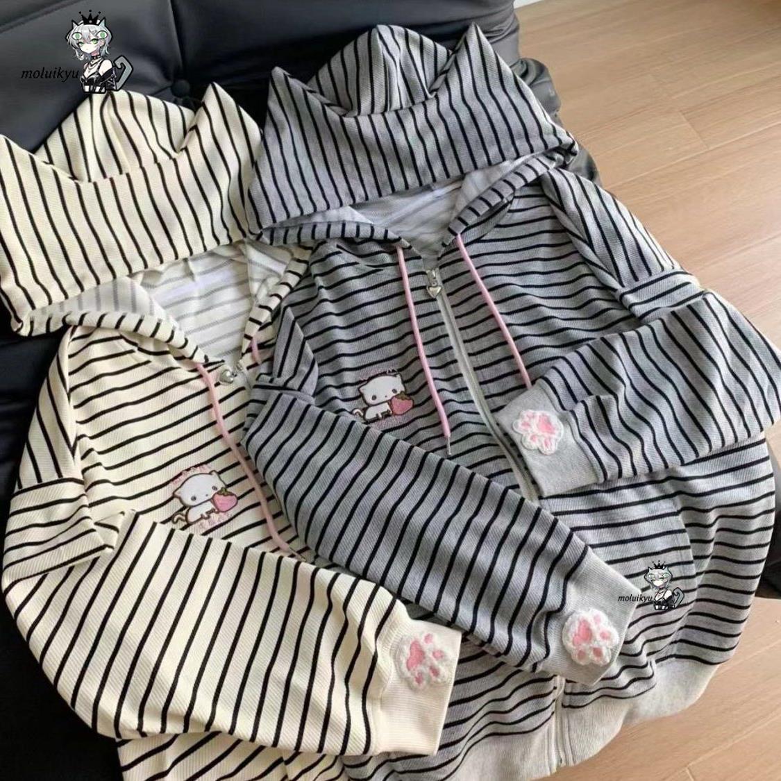 Y2K Women Striped Zip Up Jacke - Embroidery Cat ulasan dan harga