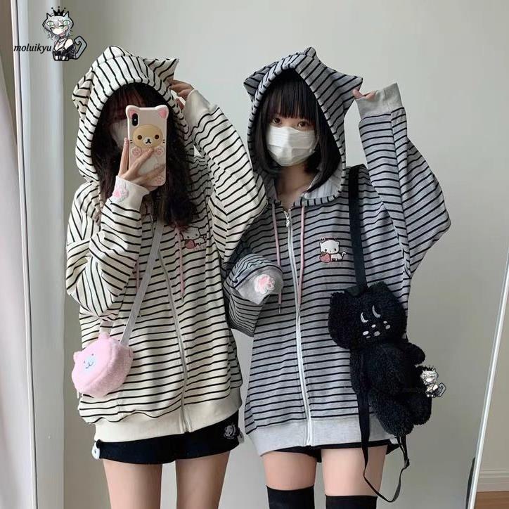 Y2K Women Striped Zip Up Jacke - Embroidery Cat ulasan dan harga