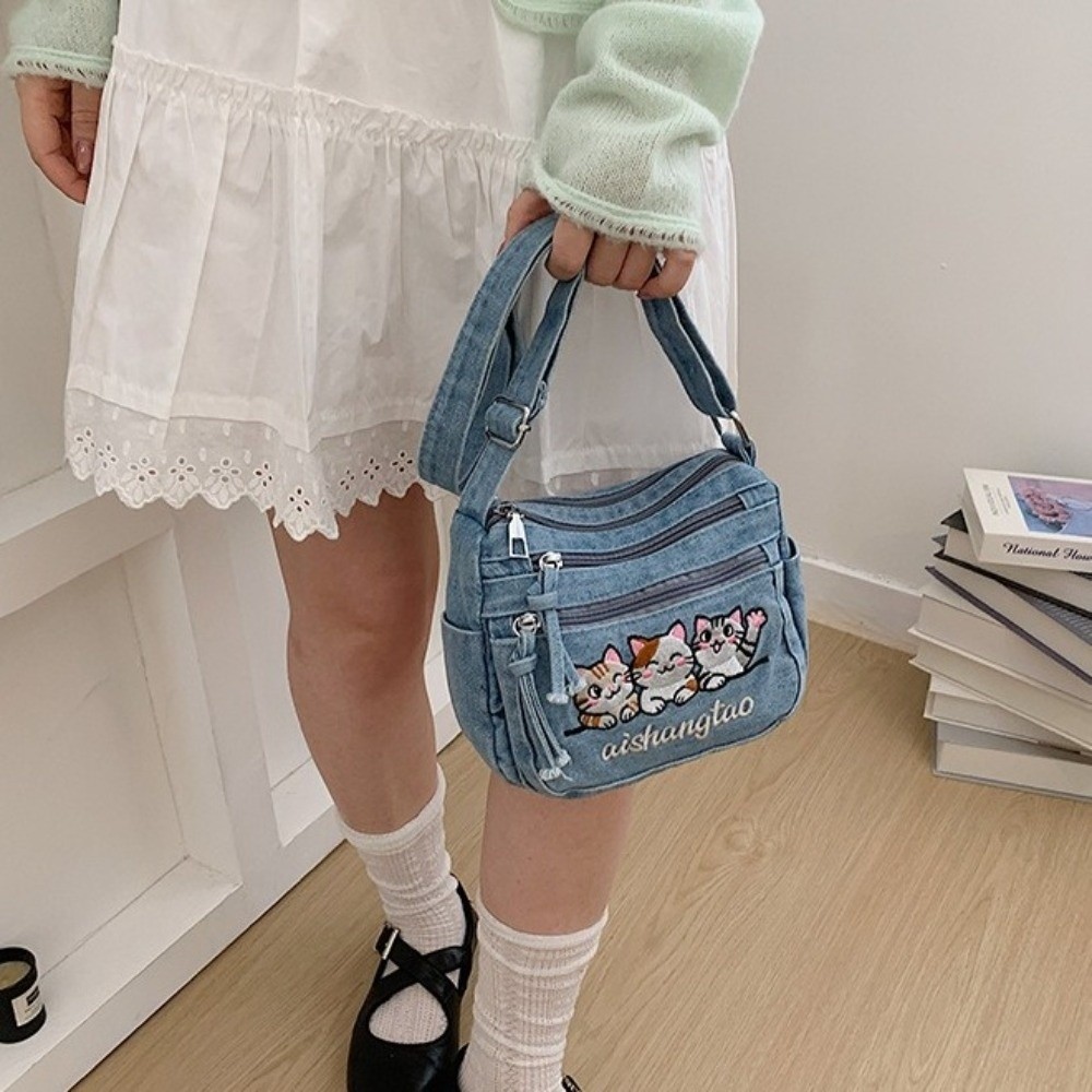Vintage Fabric Denim Crossbody - Embroidery Cat ulasan dan harga