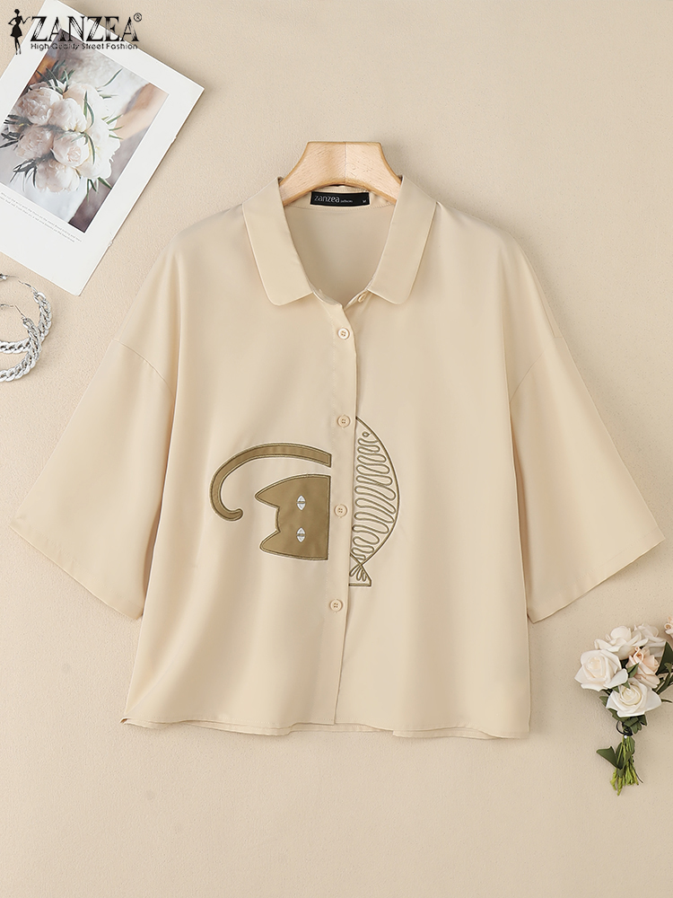 ZANZEA Women's Casual Collared - Embroidery Cat ulasan dan harga