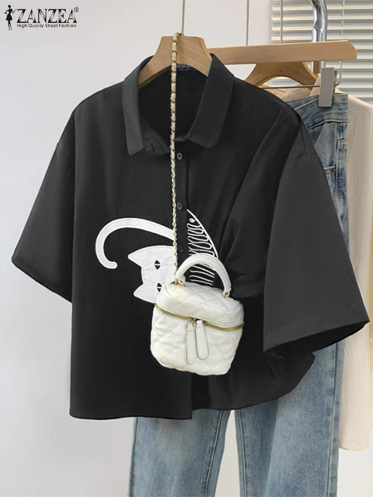 ZANZEA Women's Casual Collared - Embroidery Cat ulasan dan harga