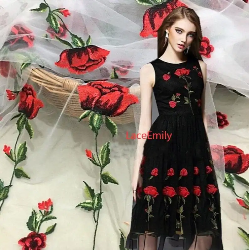 Red Rose Lace Fabric flower em - Embroidery Rose ulasan dan harga