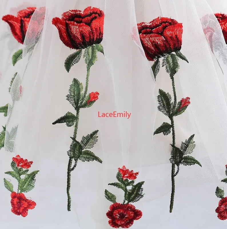 Red Rose Lace Fabric flower em - Embroidery Rose ulasan dan harga