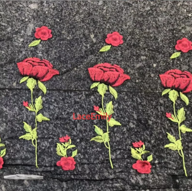 Red Rose Lace Fabric flower em - Embroidery Rose ulasan dan harga