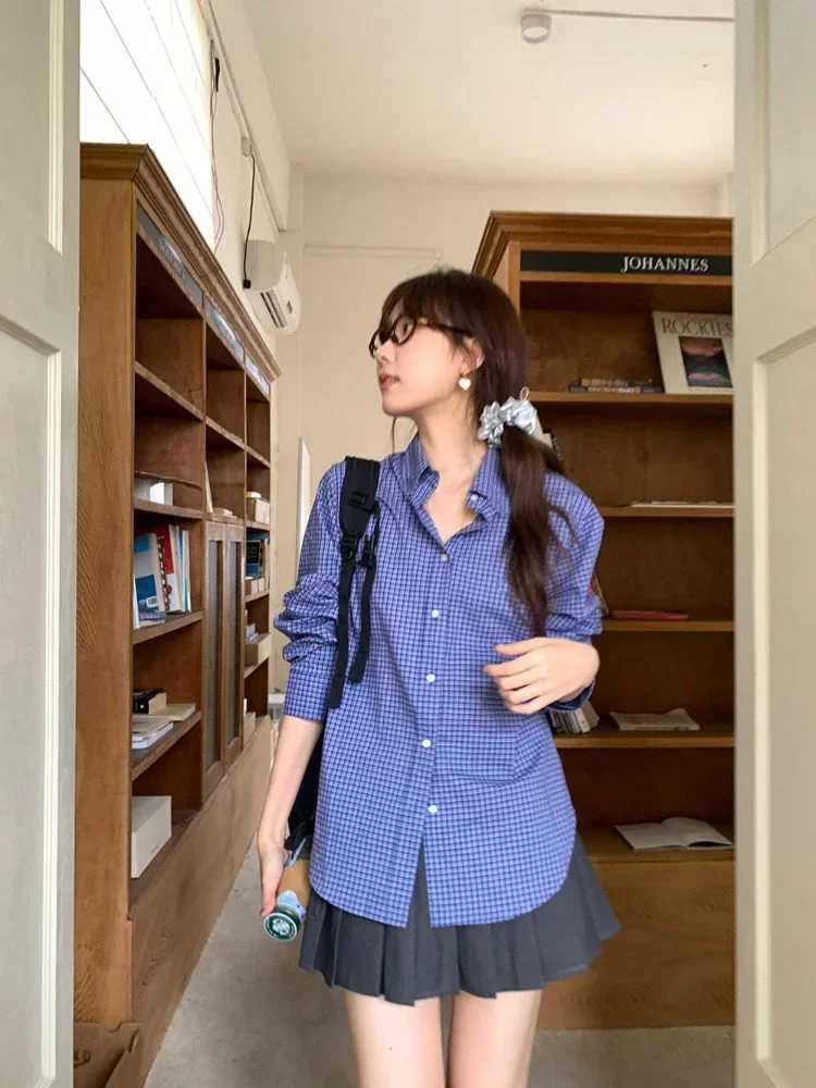 Vintage Blue Plaid Shirts for  - Embroidery Jersey ulasan dan harga