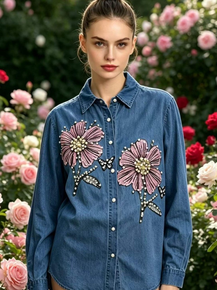 Women Denim Embroidery Blouses - Embroidery Cotton Shirt ulasan dan harga