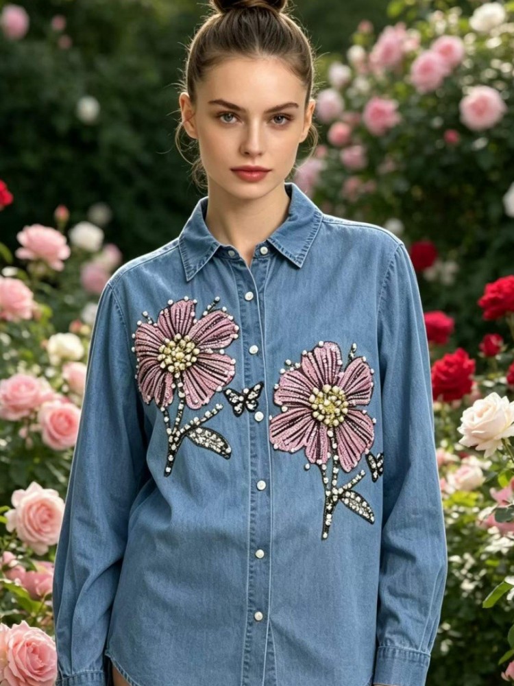 Women Denim Embroidery Blouses - Embroidery Cotton Shirt ulasan dan harga