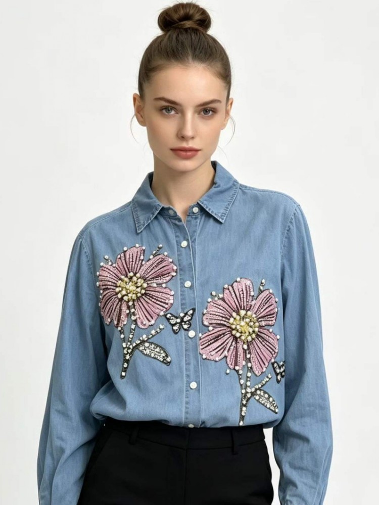 Women Denim Embroidery Blouses - Embroidery Cotton Shirt ulasan dan harga