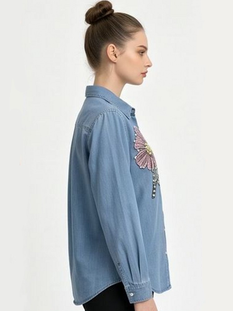 Women Denim Embroidery Blouses - Embroidery Cotton Shirt ulasan dan harga