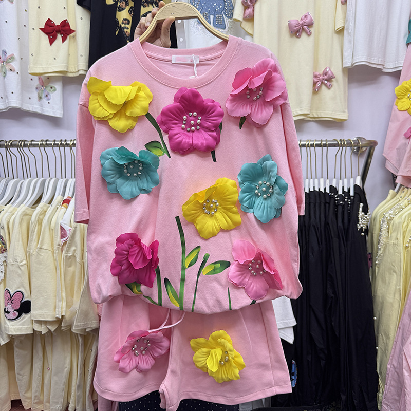 Summer Colorful 3D Flowers T-s - Embroidery Cotton Shirt ulasan dan harga