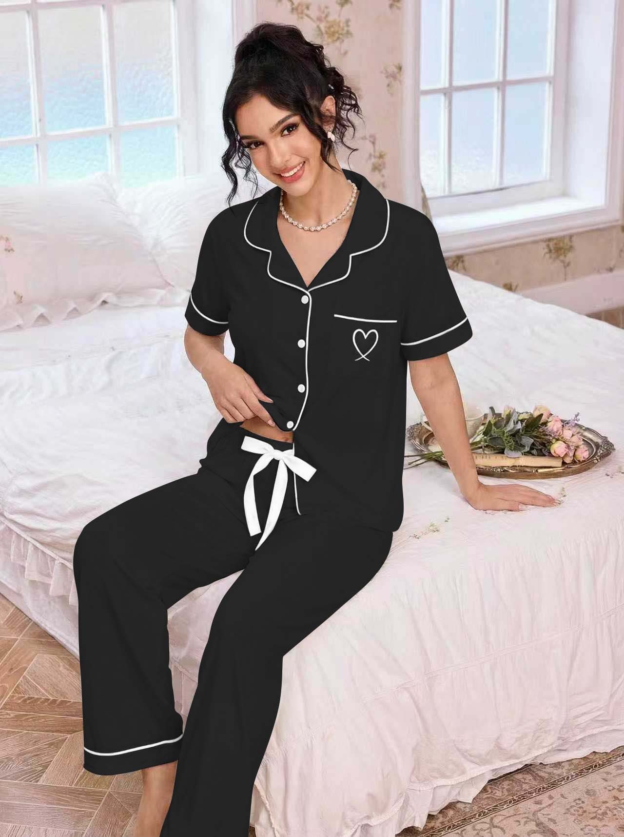 Women Lapel Pajamas Set Heart  - Embroidery In The Piece ulasan dan harga