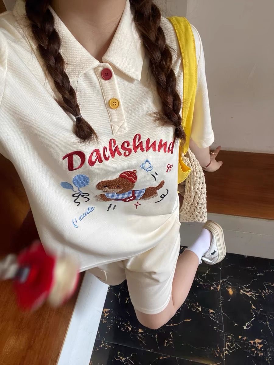 Kawaii Embroidery Dog Japan St - Embroidery Cotton Shirt ulasan dan harga