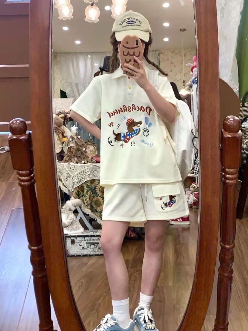 Kawaii Embroidery Dog Japan St - Embroidery Cotton Shirt ulasan dan harga