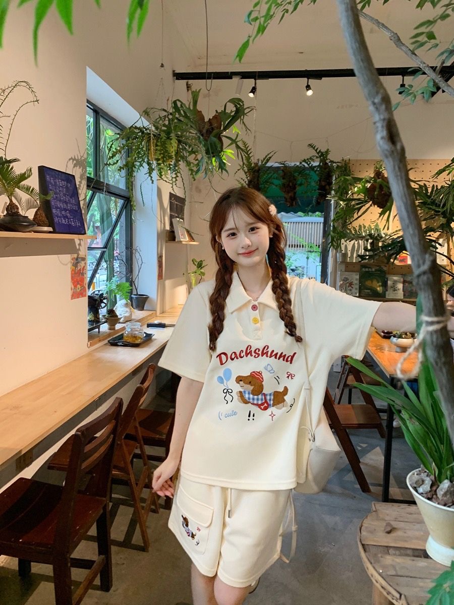 Kawaii Embroidery Dog Japan St - Embroidery Cotton Shirt ulasan dan harga