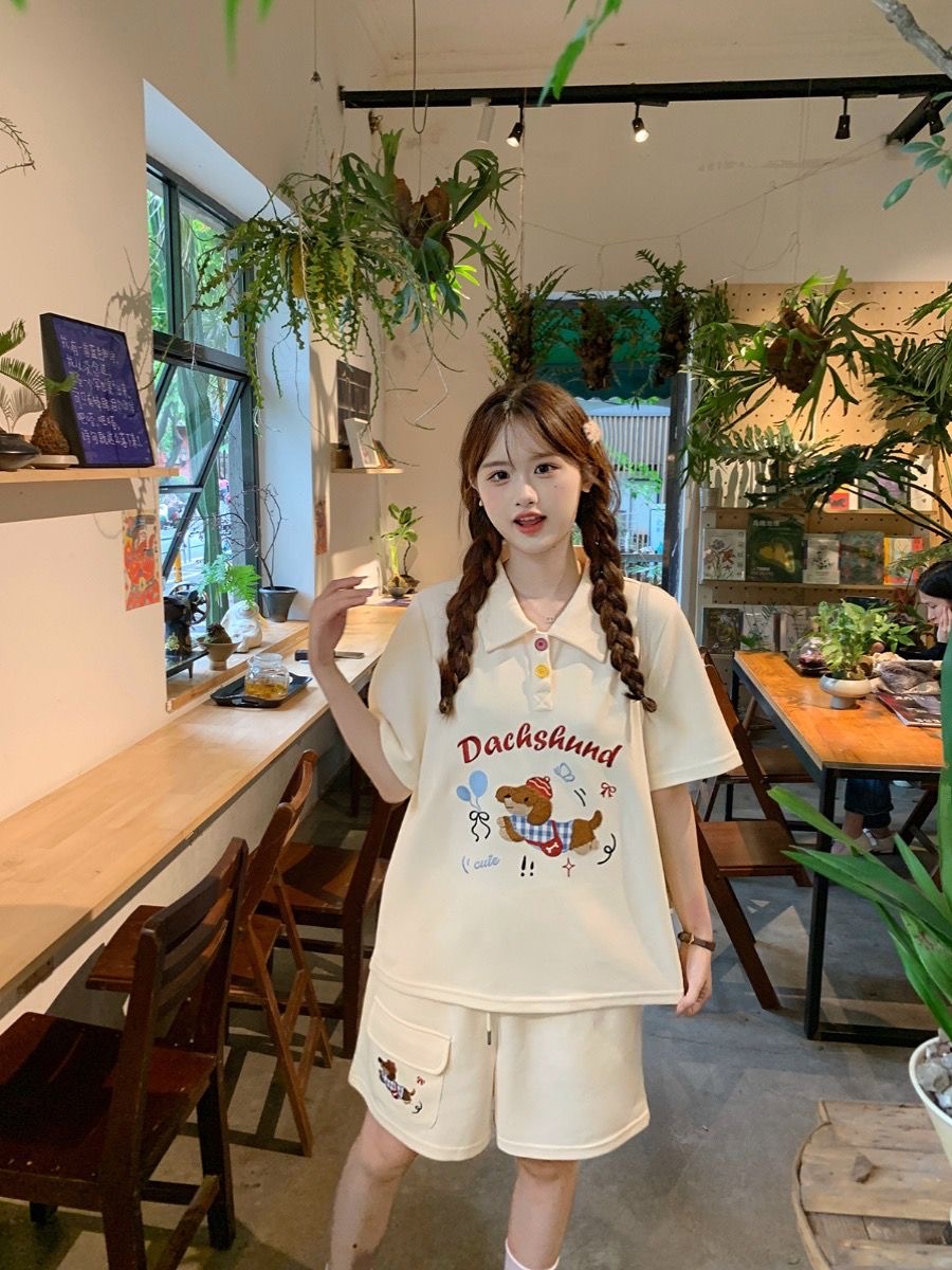 Kawaii Embroidery Dog Japan St - Embroidery Cotton Shirt ulasan dan harga