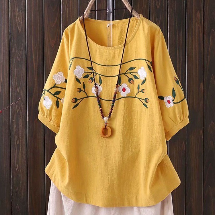 Plus-size Women's Spring and S - Embroidery Cotton Shirt ulasan dan harga