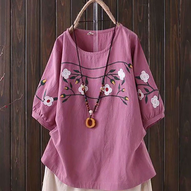 Plus-size Women's Spring and S - Embroidery Cotton Shirt ulasan dan harga
