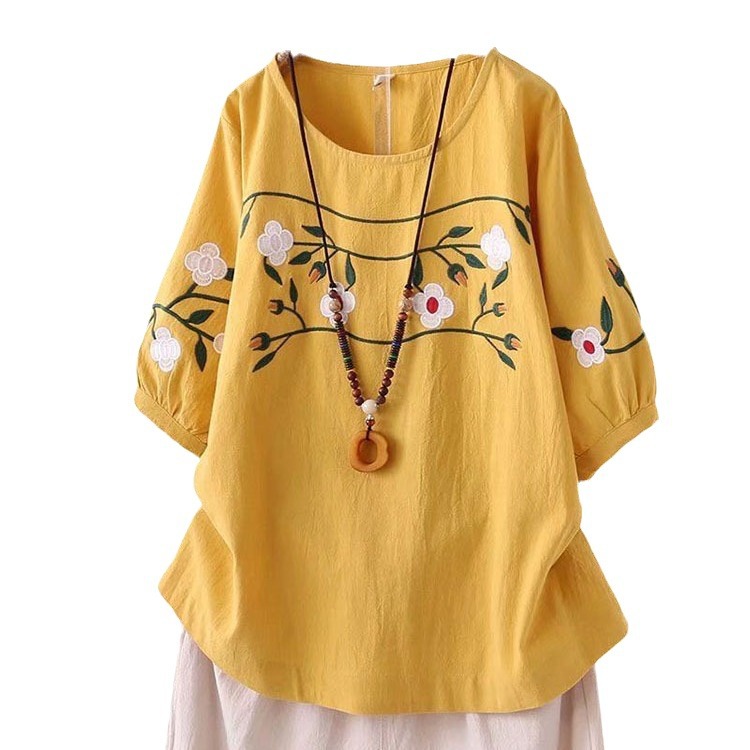 Plus-size Women's Spring and S - Embroidery Cotton Shirt ulasan dan harga